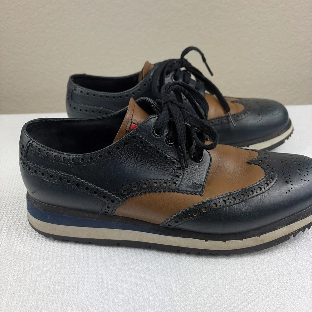 Prada Vit Montana derby calf leather platform sports Wing-Tip Brown Navy US 7.5